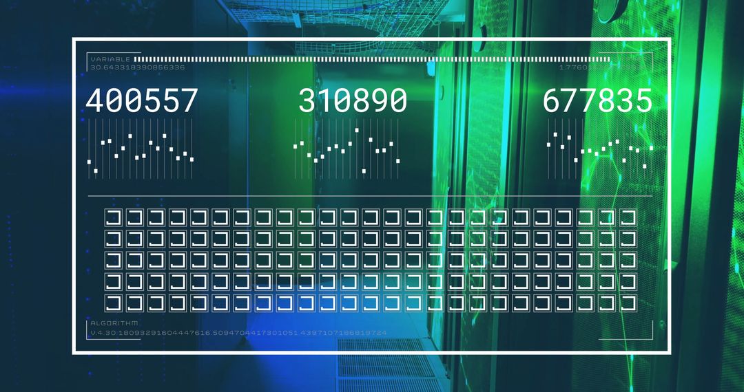 Data Center Metrics Overlay with Sparkline Graphs and Grid Icons