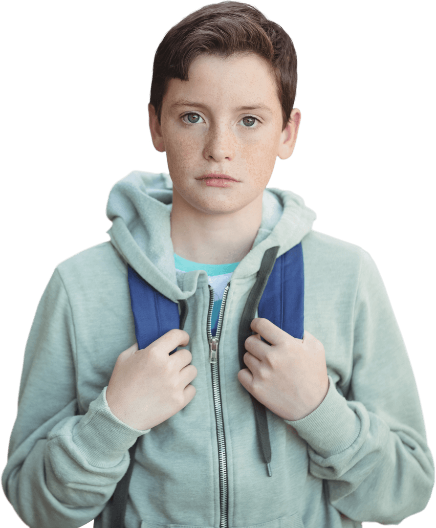 Transparent Image of a Sad Boy Standing with Backpack
