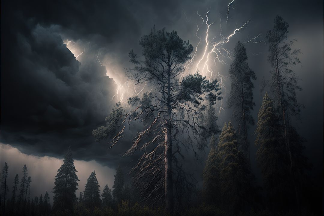 Dramatic Lightning Storm in Dark Forest with Striking Tree - Free Images, Stock Photos and Pictures on Pikwizard.com