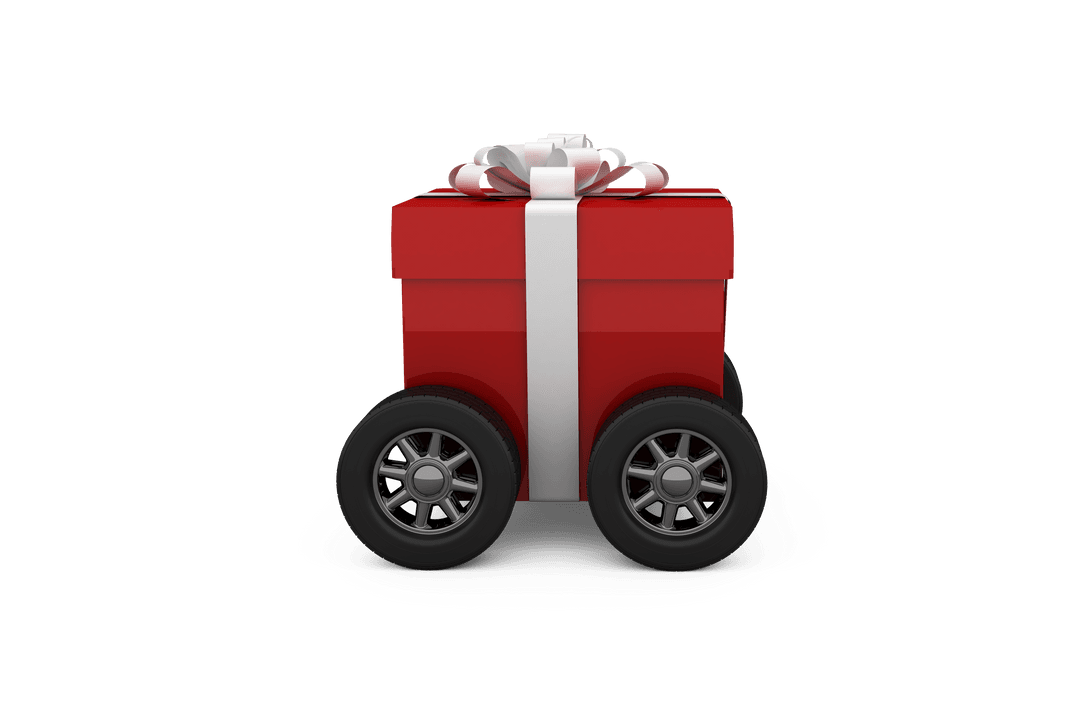 Transparent Red Gift Box on Wheels with Ribbon and Bow