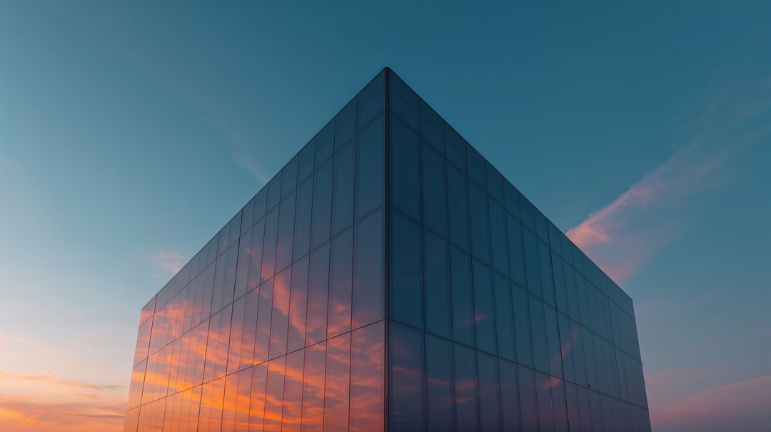 Glass Cube Building Reflecting Dramatic Sunset Clouds with Symmetrical Grid Facade