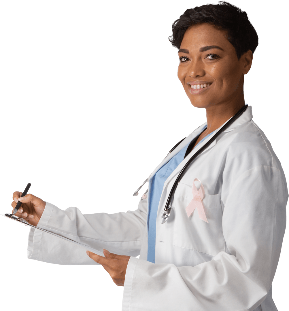 Smiling Female Doctor Wearing Pink Ribbon Writing on Notepad