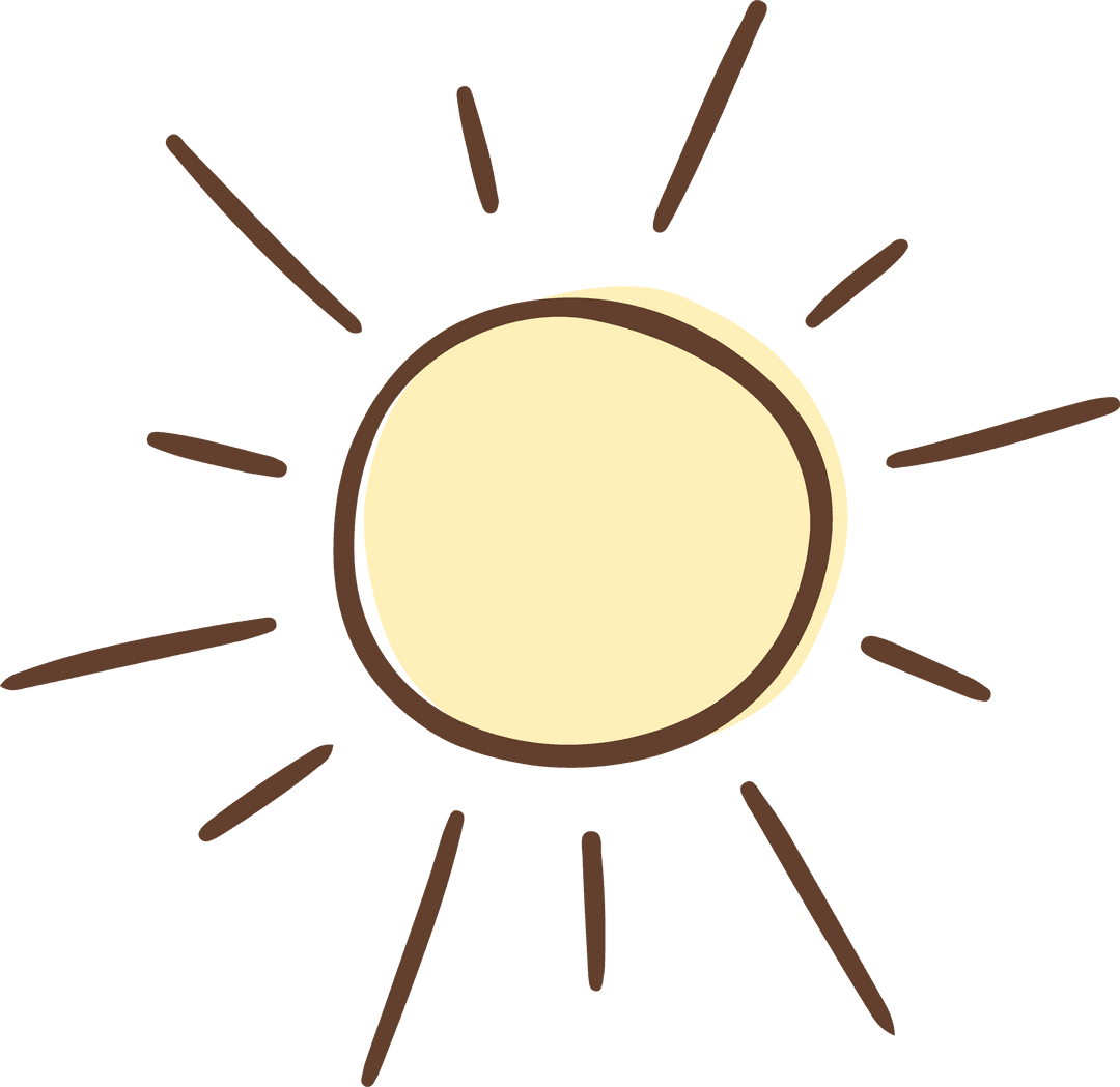 Hand-Drawn Sun Icon with Radiating Brown Rays Transparent Background