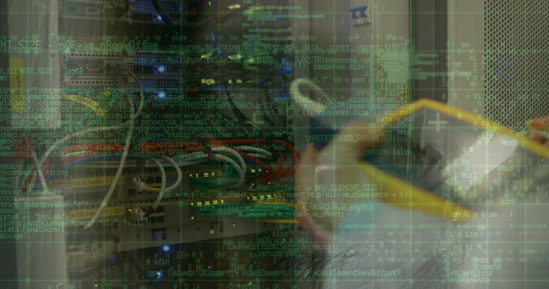 Technician Working in Data Center Analyzing Complex Code Overlay - Free Images, Stock Photos and Pictures on Pikwizard.com