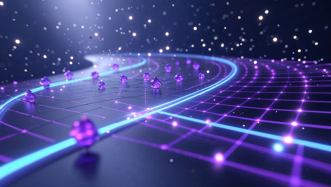 Futuristic Neon Grid with Purple Digital Elements in Cyber Space