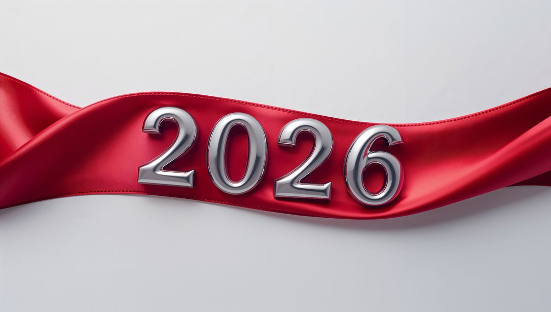 Chrome 2026 Numerals on Flowing Red Satin Ribbon Celebrating New Year and Milestone