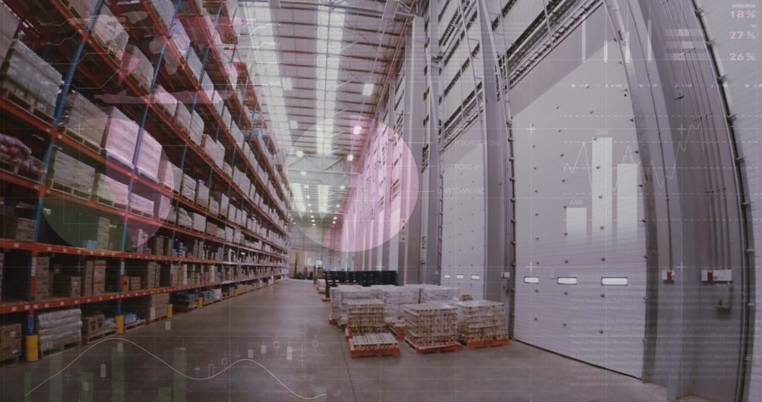 Futuristic Warehouse with Digital Interface Overlay