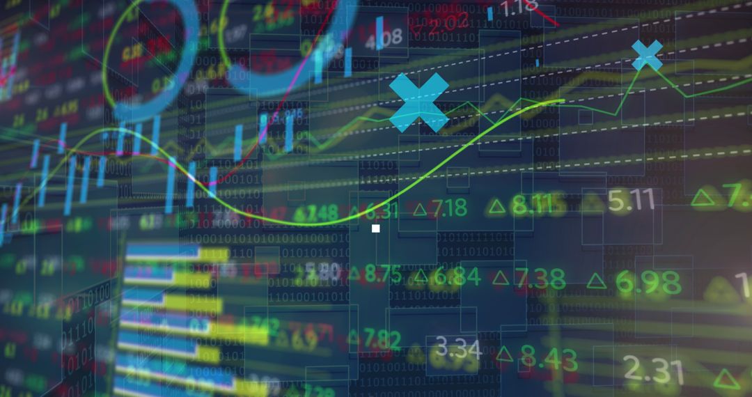 Digital Financial Data Display with Graphs and Charts over Dark Background
