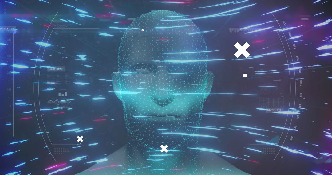 Futuristic Digital Concept with Virtual Human Head and Light Trails