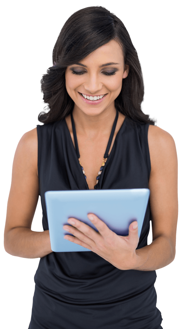 Smiling Woman Typing on Tablet Against Transparent Background