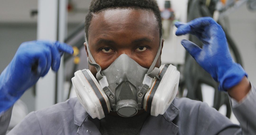 Worker Wearing Respirator Mask and Safety Gloves in Industrial Workplace - Free Images, Stock Photos and Pictures on Pikwizard.com