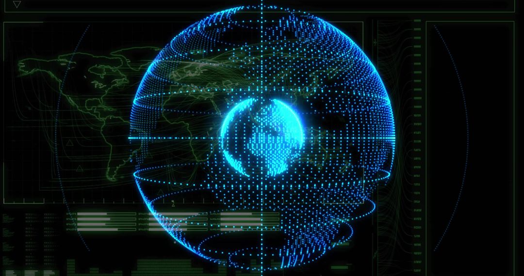 Holographic Globe with Data Panels in Futuristic Command Center