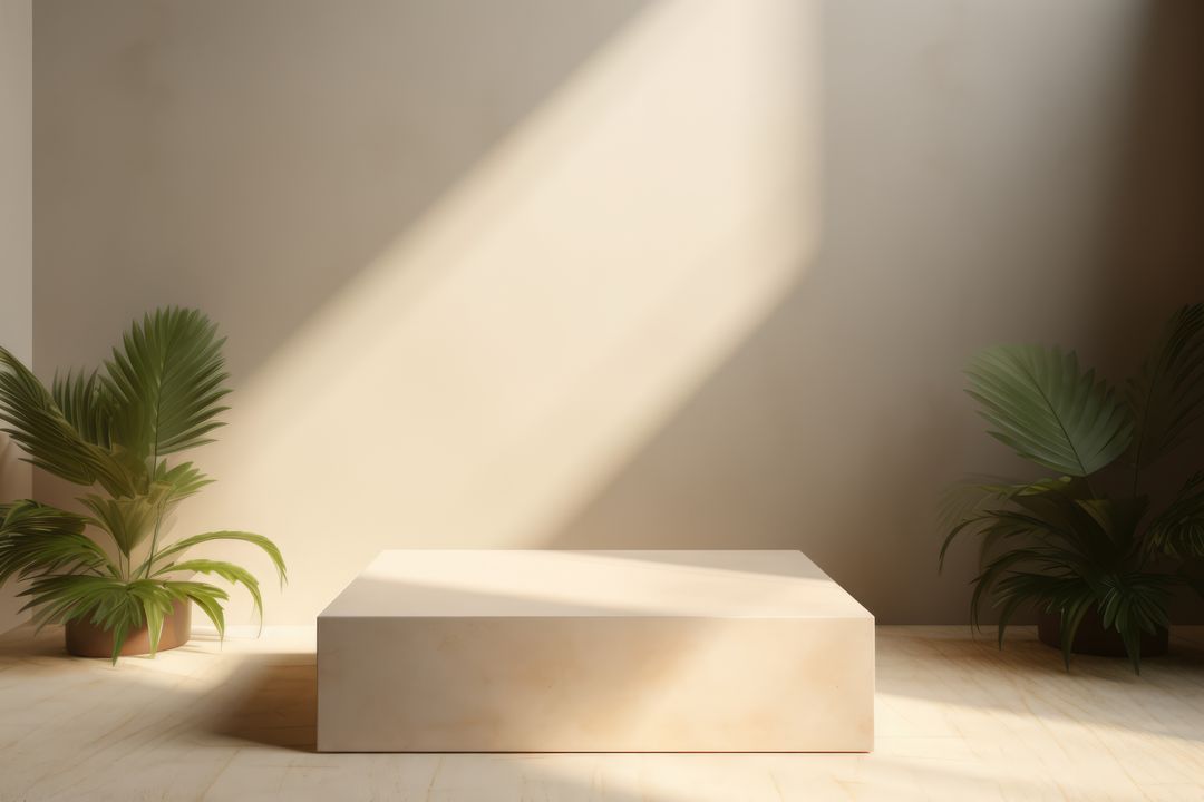 Minimalist Interior with Pedestal and Sunlit Plants - Free Images, Stock Photos and Pictures on Pikwizard.com