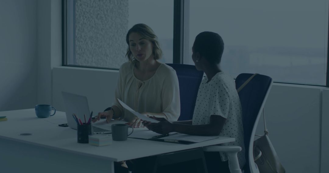 Female Colleagues Collaborating Over Laptop and Documents in Modern Office Meeting