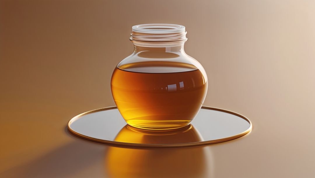 Elegant glass jar with corn syrup on reflective surface
