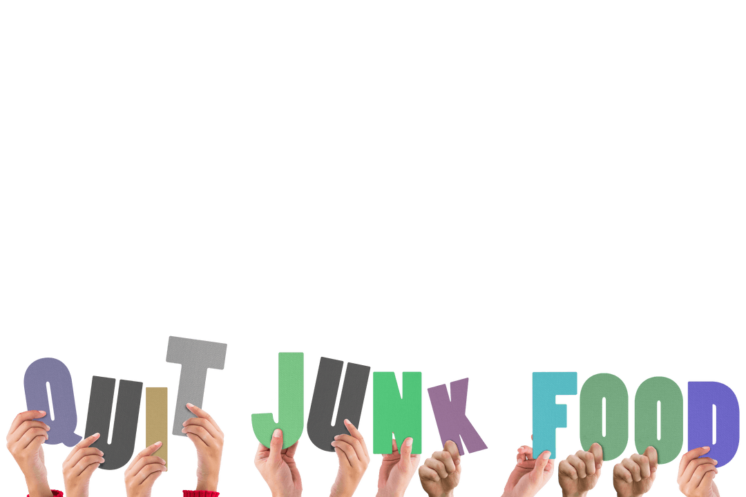Hands Holding Quit Junk Food Text on Transparent Background