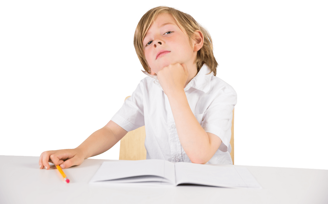 Transparent Background Caucasian Schoolboy Thinking Over Open Notebook