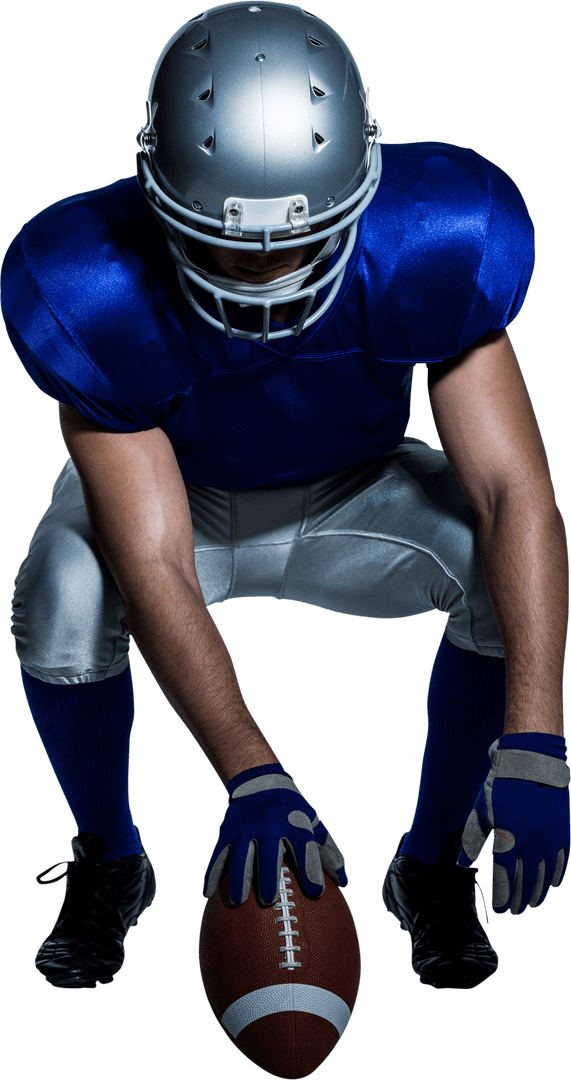 Transparent Football Player in Helmet Crouching with Ball
