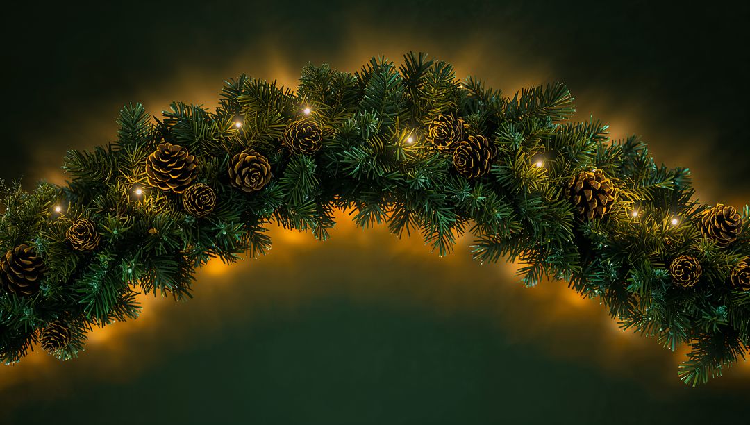 Evergreen Garland Arching with Pine Cones and Warm White Lights Creating Festive Glow