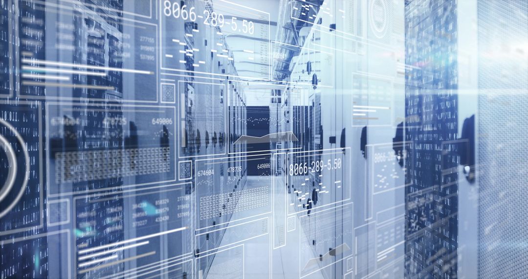 Futuristic Data Center with Digital Overlays and LED Lighting