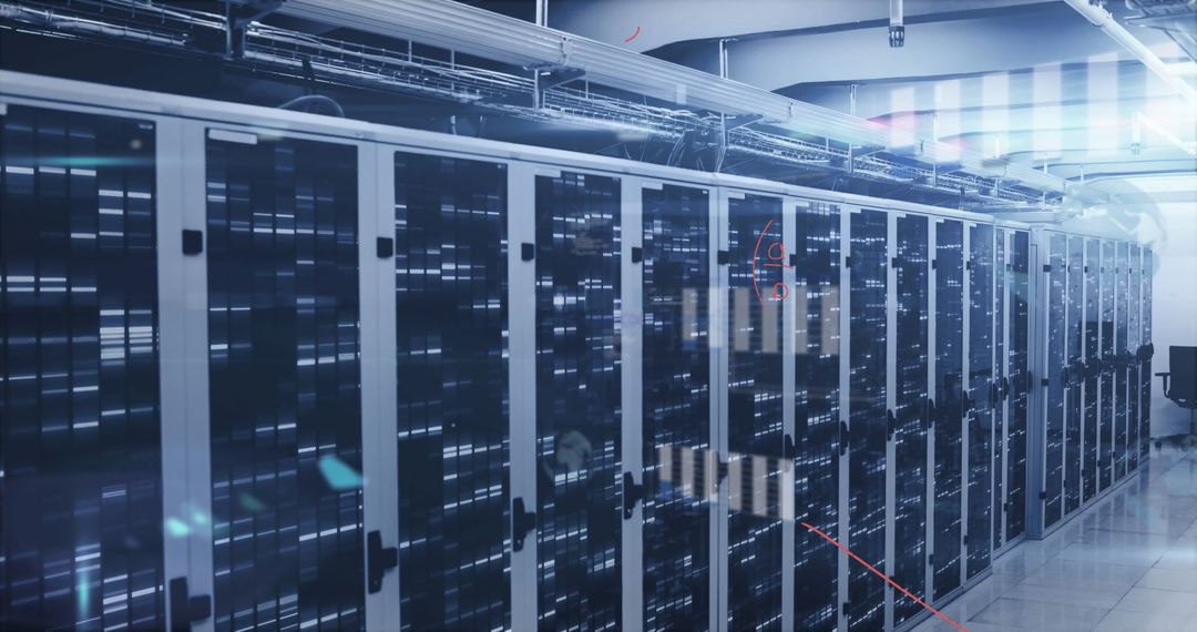 Modern Server Room with Digital Data Overlay