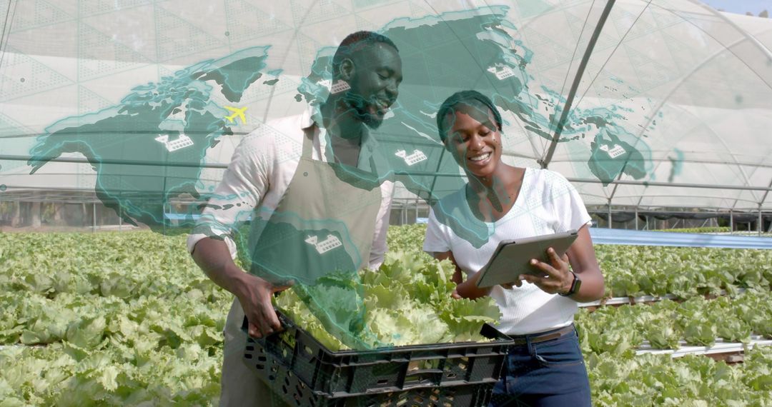 Farm Workers Using Technology with Global Map Overlay