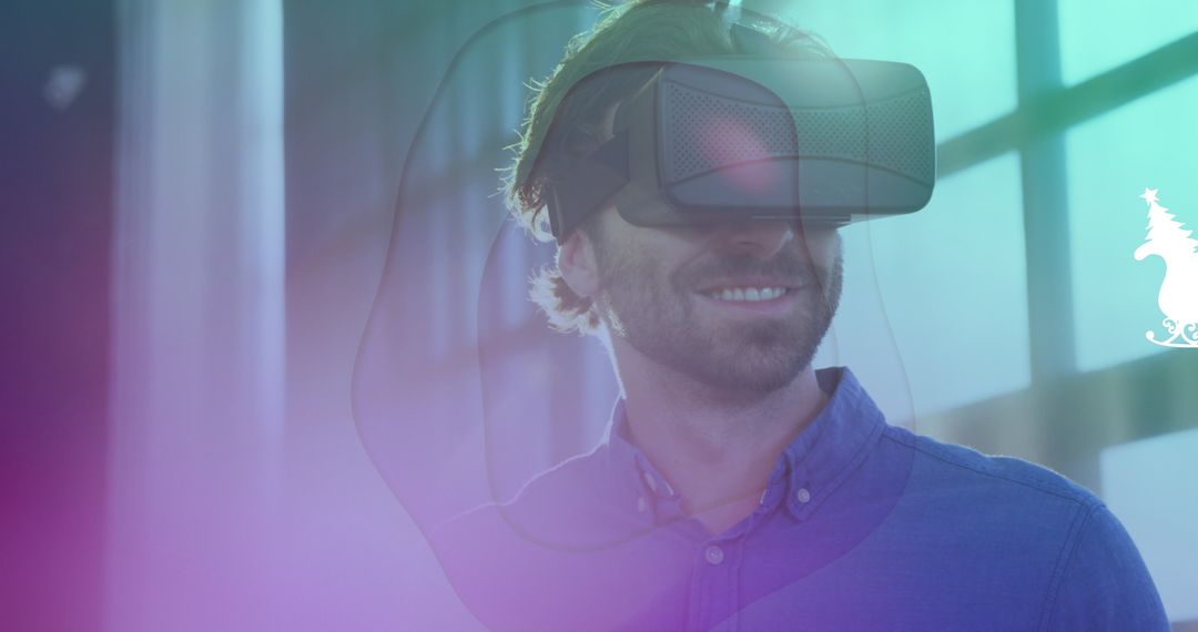 Caucasian Man Experiencing Virtual Reality with VR Headset and AI Overlay