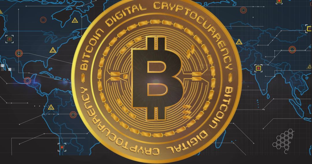 Bitcoin Symbol Over Digital Interface with World Map and Data Points