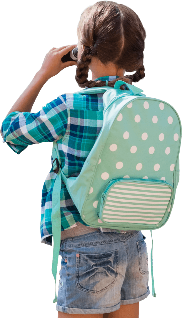 Transparent Girl with Backpack Using Binoculars