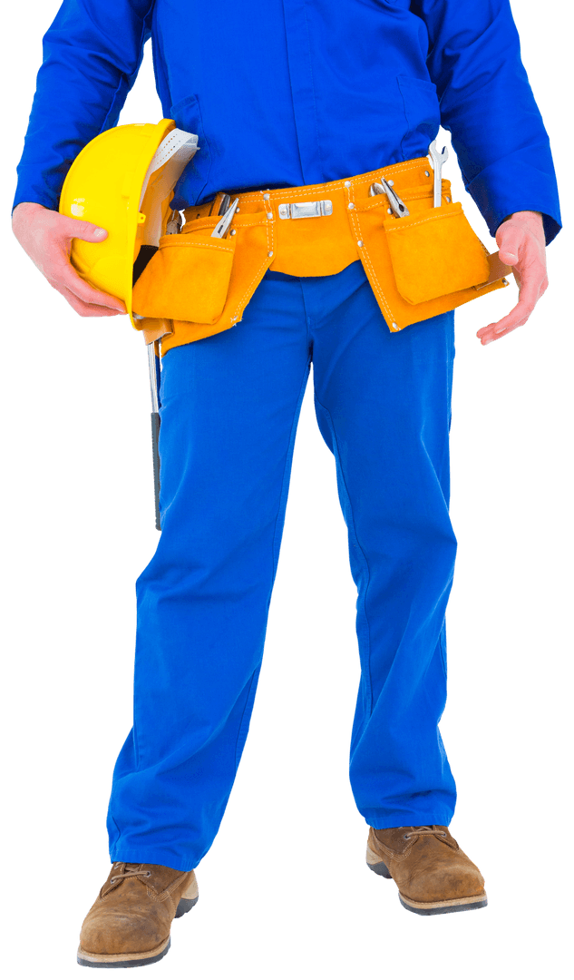 Caucasian Worker Holding Yellow Hardhat Isolated on Transparent Background