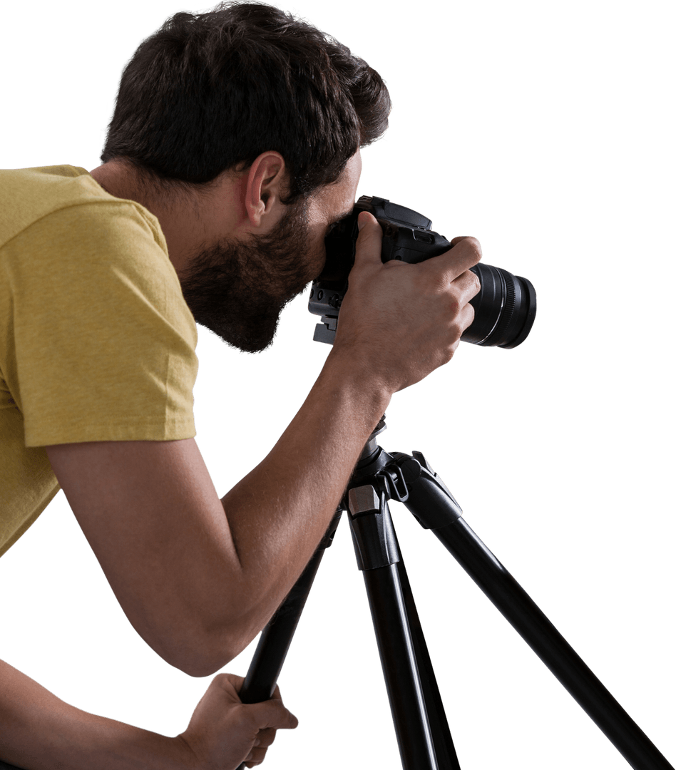 Male Photographer with Camera and Tripod on Transparent Background
