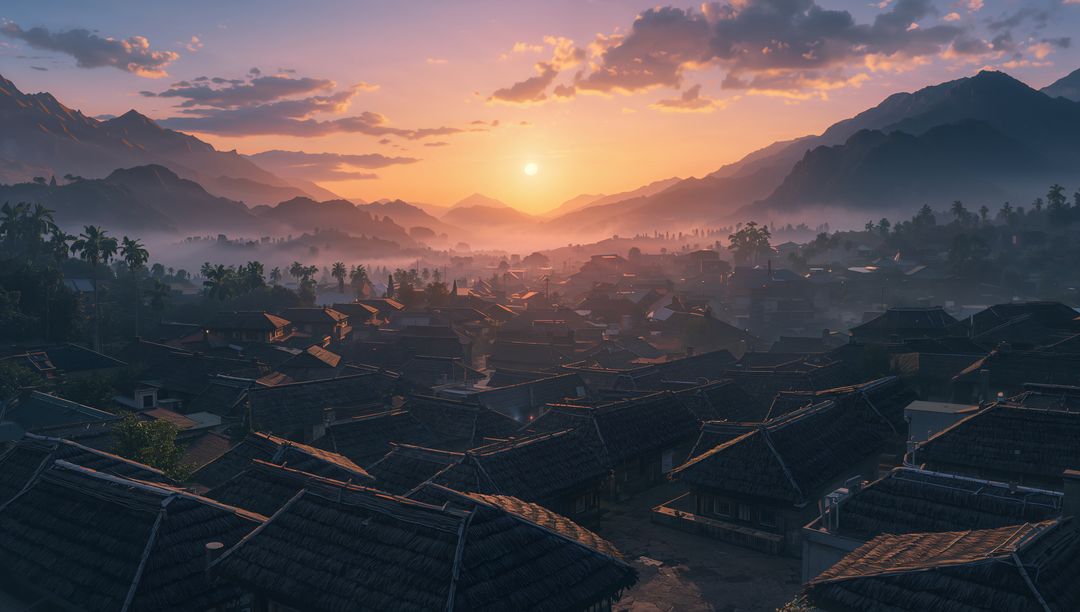 Sunset Bathing Misty Mountain Village with Tiled Roofs and Palm Silhouettes