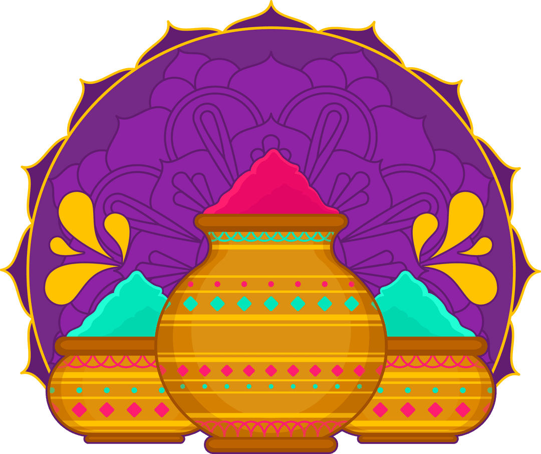Colorful Clay Pots with Powders and Intricate Mandala Transparent Background