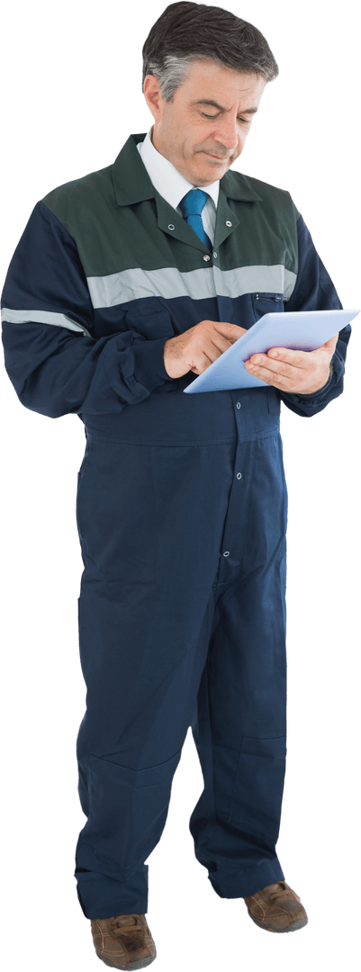 Transparent Image of Repairman Using Digital Tablet for Professional Tasks