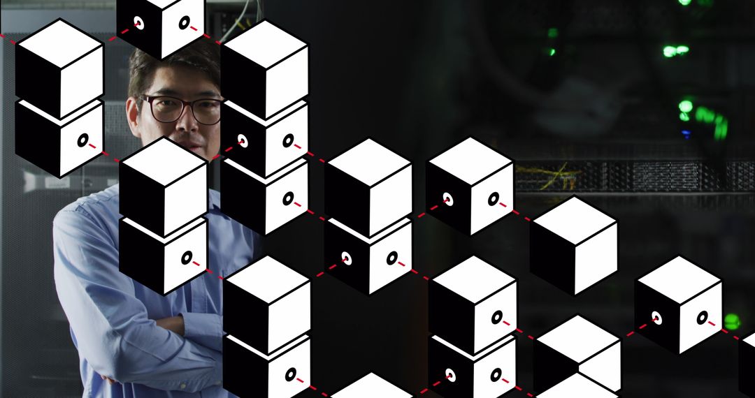 Confident Professional in Server Room with Network Blockchain Overlay