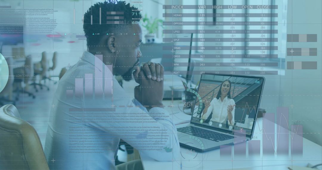 Diverse Team Discussing Reports Over Video Call with Data Overlay