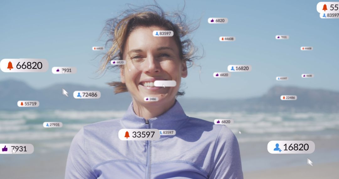Smiling Woman Surrounded by Social Media Notifications on Beach