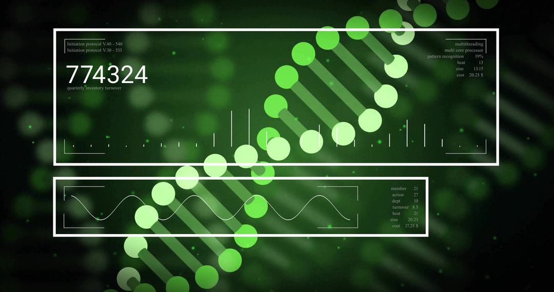 Neon DNA helix HUD displaying genomics data panels and waveform tech visualization