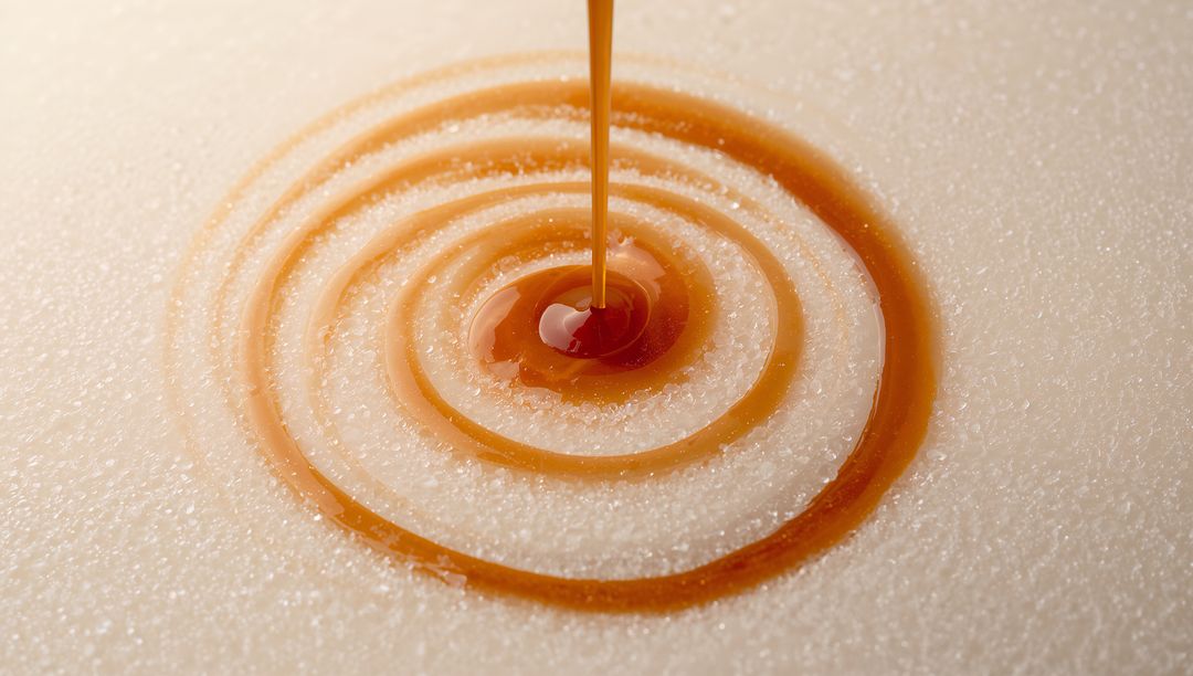 Drizzling caramel spiral on sugar crystals creating glossy amber rings macro close-up