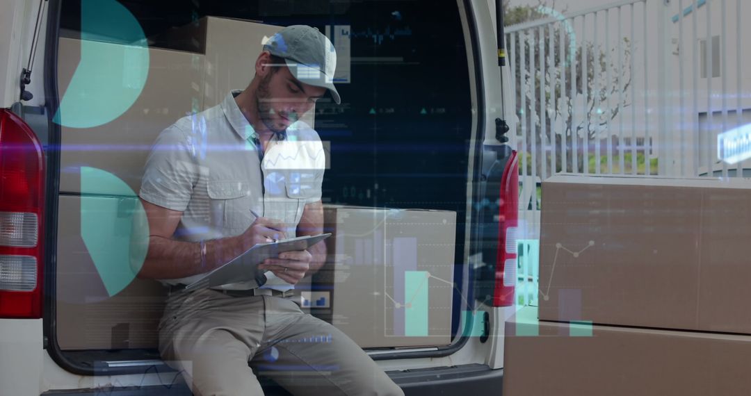 Delivery Man Analyzing Data with Digital Overlay Concept