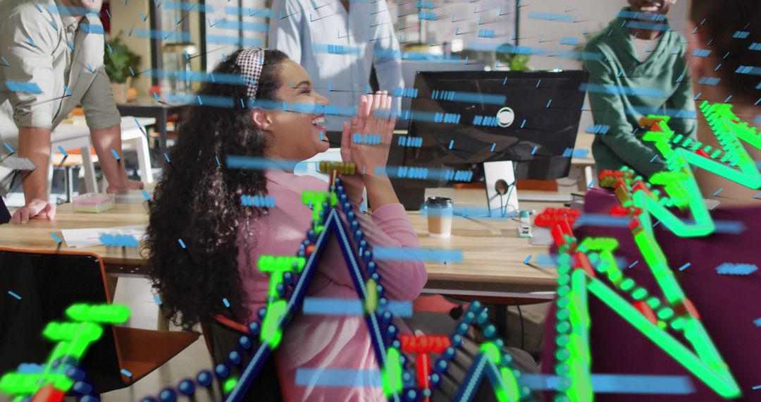 Diverse Team Celebrating Success with Holographic Data in Modern Office