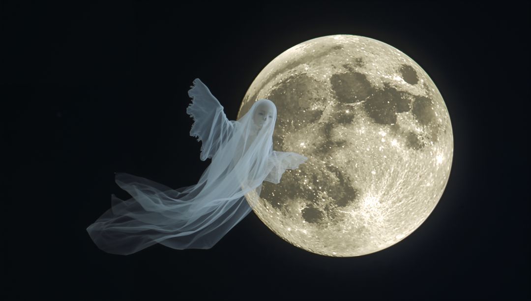 Ethereal Ghost Silhouette in Front of Luminous Full Moon