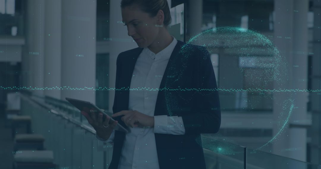 Businesswoman Analyzing Financial Data on Tablet with Futuristic Interface