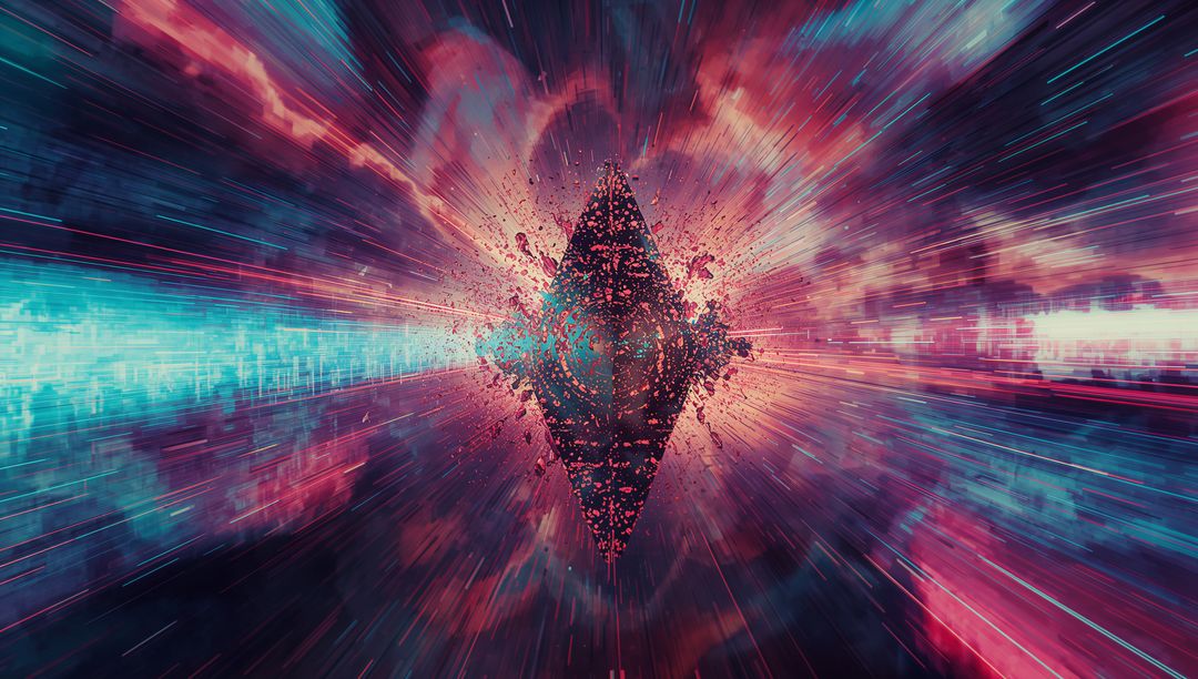 Floating Polyhedral Core Emitting Glowing Shards in Cosmic Tunnel