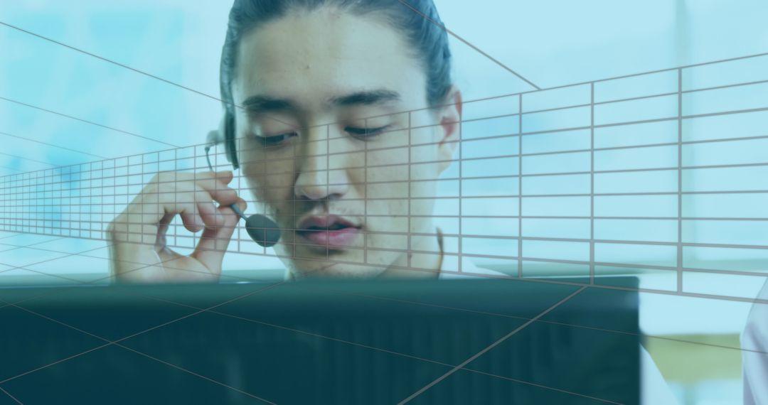 Business Professional Using Phone Headset with Digital Data Overlay