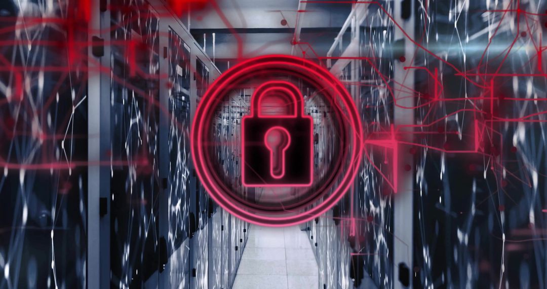 Cybersecurity Concept with Padlock Icon Overlaying Data Center