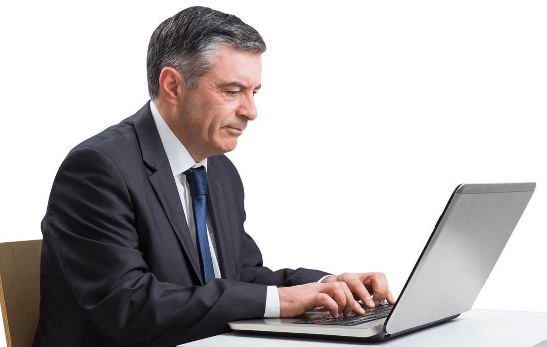 Transparent Businessman in Suit Using Laptop