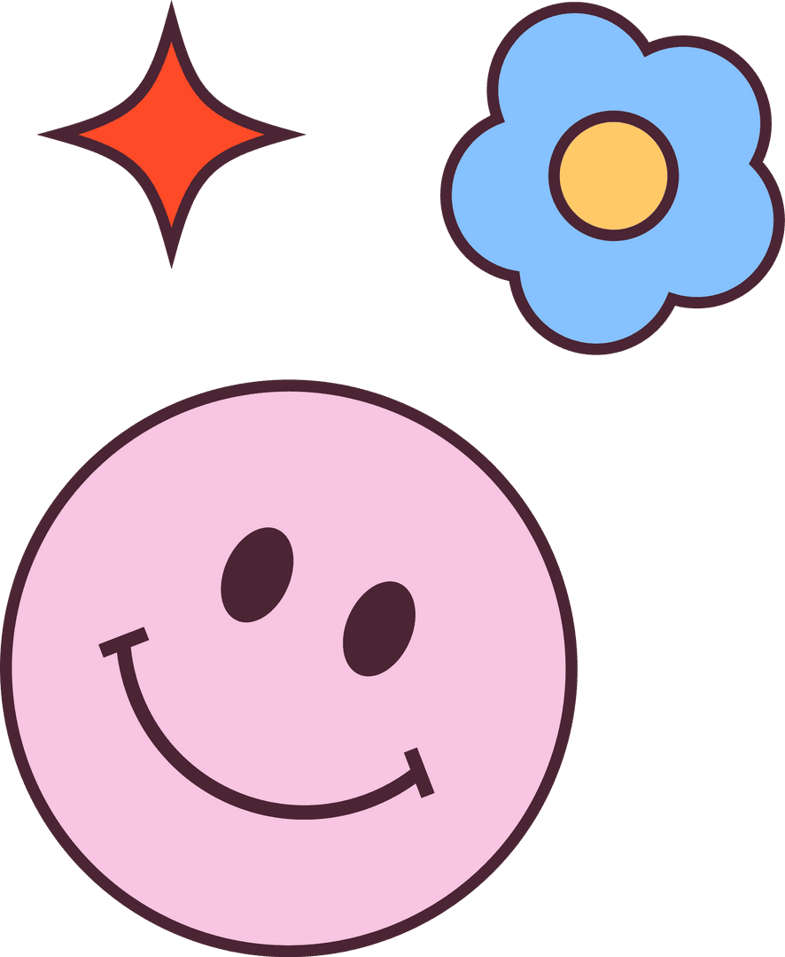 Whimsical Pink Face Icon with Blue Flower on Transparent Background