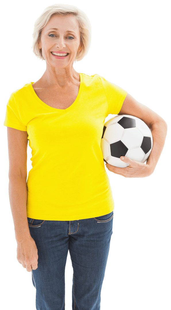 Senior Woman Holding Soccer Ball Smiling on Transparent Background