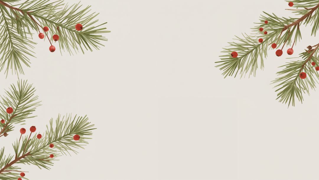 Pine Branch Border with Red Berries on Soft Beige Background for Holiday Greeting Cards